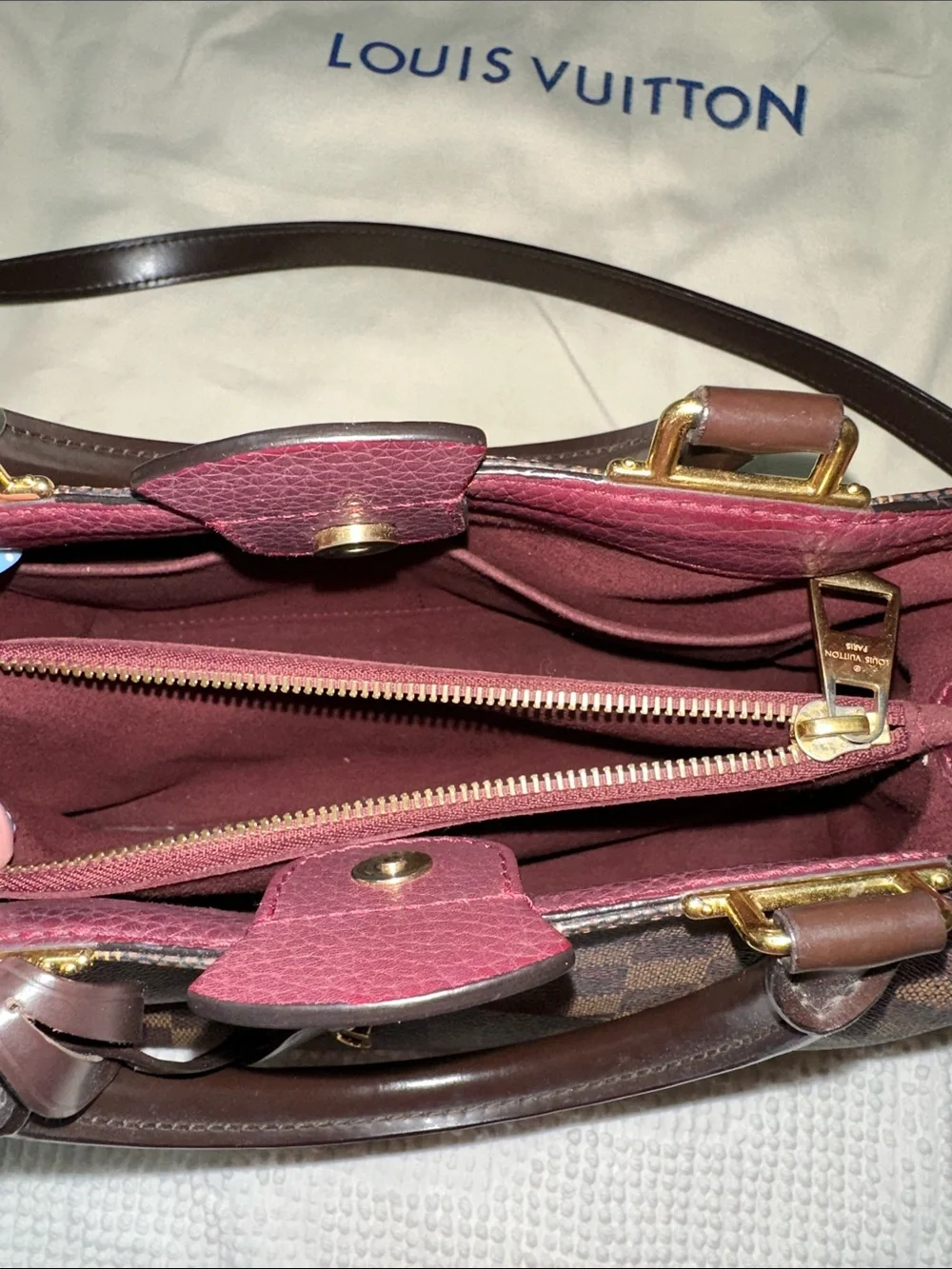 Louis Vuitton Damier Ebene Satchel with Dark Brown and Burgundy Trim